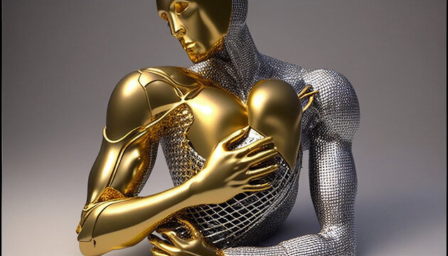 Gef&uuml;hle von k&uuml;nstlicher Intelligenz, emotional denkende Roboter silber Gold gl&auml;nzend und ausdrucksstark, Generative AI 