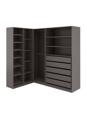 Furniture Wardrobe corner dark gray Shelves Drawers for storage Modern design Interior element isolated on white background
