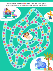Maze game, activity for kids. Puzzle for children. Follow the pattern, draw line. Cute boy, animals and ice cream truck. Vector illustration.