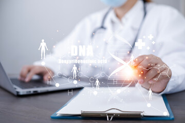 Medical doctors hands working Laptops with the modern interface as a medical network concept, DNA molecule research on the white background concept, Creation technologies for connection Mixed media