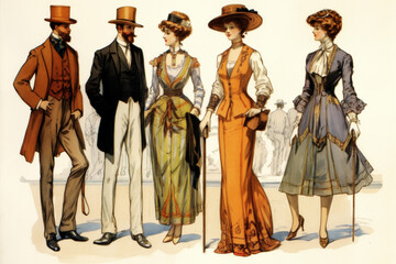 Obraz premium Fashion Book, blending ink pen sketches & watercolor, Colonial Era dress design concepts. Dive into style, patterns, & haute couture with vivid illustrations & designer insights. Generative AI