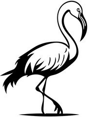 Black and white illustration of a flamingo in black, silhouette drawing 