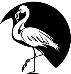Black and white illustration of a flamingo in black, silhouette drawing 