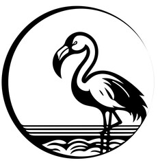 Black and white illustration of a flamingo in black, silhouette drawing 
