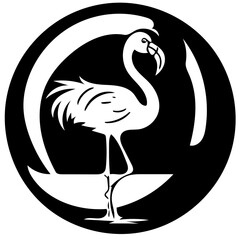 Black and white illustration of a flamingo in black, silhouette drawing 