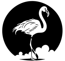 Black and white illustration of a flamingo in black, silhouette drawing 