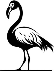 Black and white illustration of a flamingo in black, silhouette drawing 