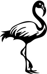 Black and white illustration of a flamingo in black, silhouette drawing 