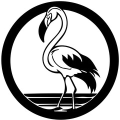 Black and white illustration of a flamingo in black, silhouette drawing 