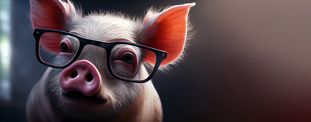 smart pig in glasses, panoramic layout. Generative Ai