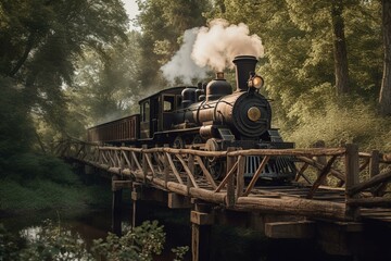 Obraz na płótnie Canvas Old steam engine crosses wooden bridge. Generative AI