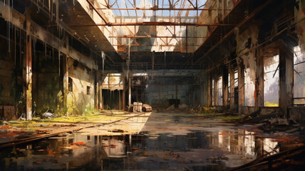An eerie abandoned warehouse with rusty metal walls, broken windows, and shadows lurking in the corners. generative ai.