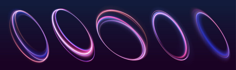 Set of neon blurry light circles at motion . Vector swirl trail effect.  Abstract vector fire circles, sparkling swirls and energy light spiral frames. - 600342949