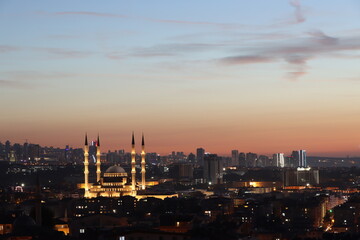 View of Kocatepe Mosque at night in Ankara, Turkey.