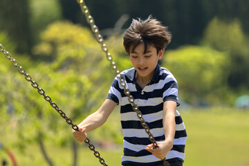 A young boy on a swing