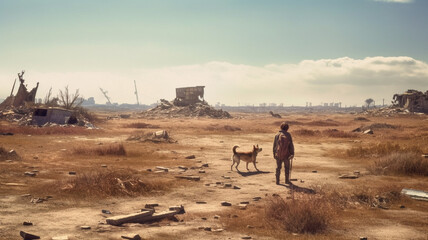 A vast and desolate post-apocalyptic wasteland, with ruins and debris scattered throughout, a lone survivor wandering through the landscape with their trusty dog. generative ai. - obrazy, fototapety, plakaty