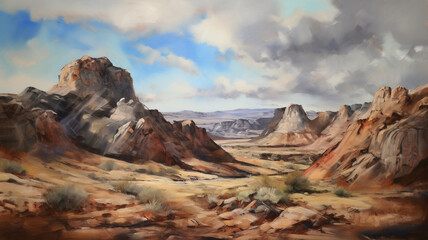 Fototapeta na wymiar A vast and sweeping landscape of a desert, with red rock formations in the background, a dusty and rugged landscape in the foreground, and a deep blue sky with wispy clouds overhead. generative ai.