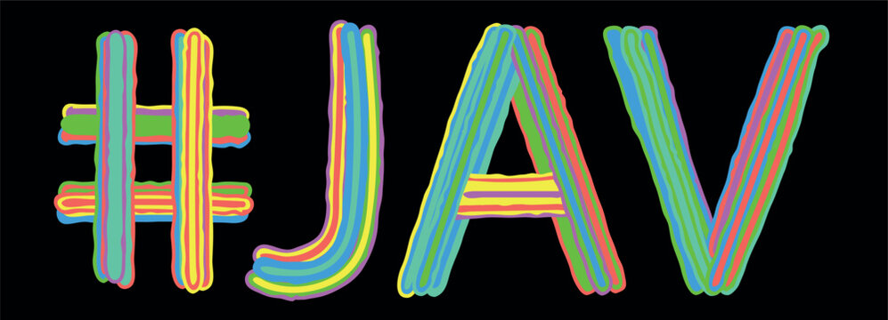 JAV Hashtag. Multicolored bright isolate curves doodle letters like from marker, oil paint. Hashtag #JAV for japanese video, t-shirt, social network, typography, mobile app.