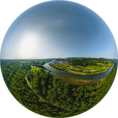 Die Isarmündung bei Deggendorf im Luftbild, Little Planet-Ansicht, freigestellt