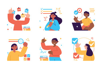 Business planner set color concept with people scene in the flat cartoon design. Employees make a lists of plans and further business tasks. Vector illustration.