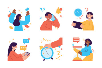 Deadline set color concept with people scene in the flat cartoon style. Workers tries to complete many tasks in time. Vector illustration.