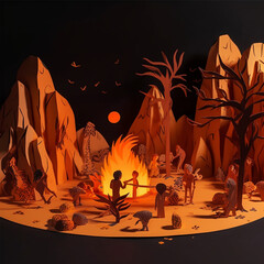 several cavemen sat round a fire others hunting, Generative AI