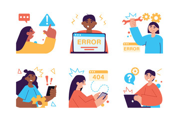 Error set color concept with people scene in the flat cartoon design. Gadgets users are worried about a problem that occurred in the settings. Vector illustration.