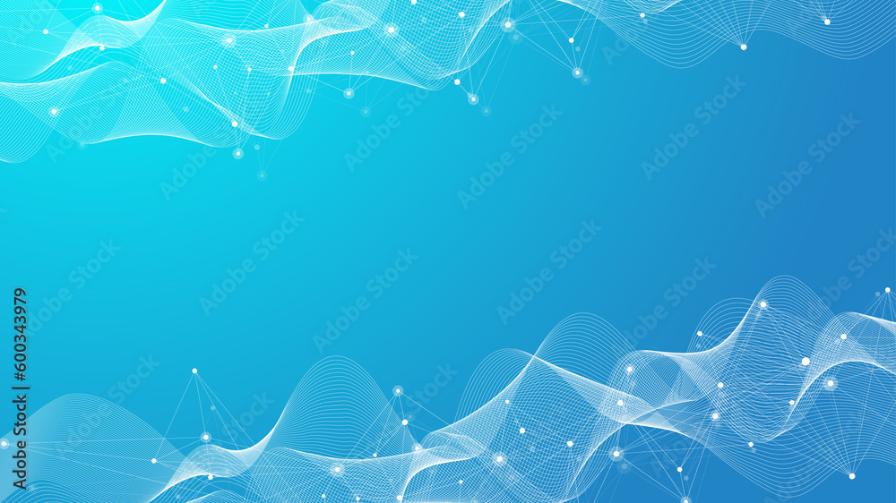 Poster Digits abstract background with connected line and dots, wave flow. Digital neural networks. Network and connection background for your presentation. Graphic polygonal background, illustration.