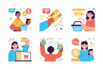 Online payment set color concept with people scene in the flat cartoon design. Boy and girls pay for all goods and services on the Internet using online banking. Vector illustration.