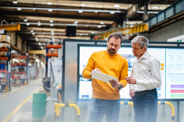 Businessman with colleague discussing in factory