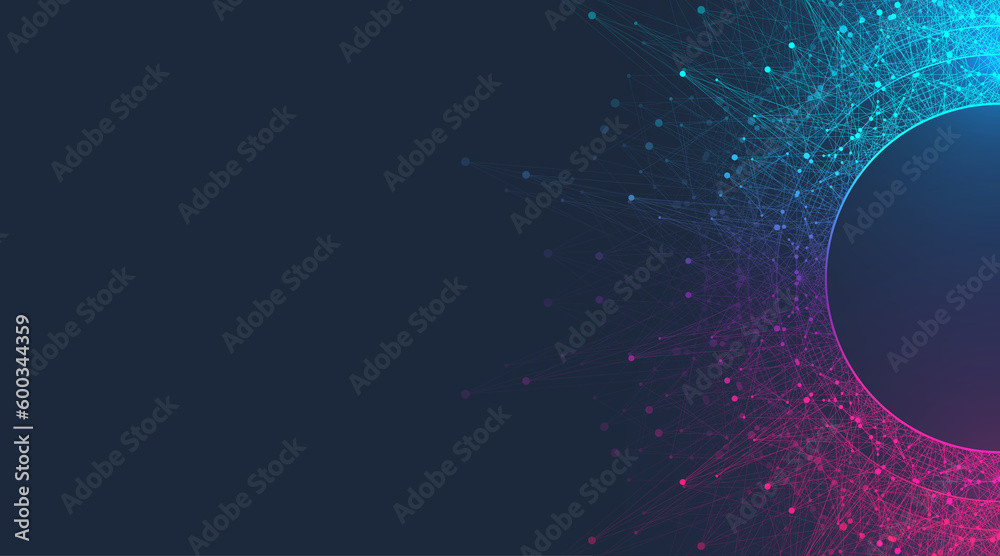 Poster Quantum computing concept. Deep learning artificial intelligence. Big data algorithms visualization for business, science presentations, posters, covers, illustration.