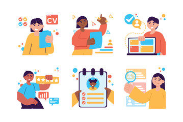 HR manager set color concept with people scene in the flat cartoon design. HR manager chooses questionnaires of employees that suit him. Vector illustration.