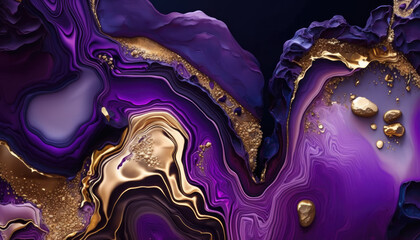Flowing Abstract Design Wallpaper in Beautiful Purple and Black colors. Paint texture with Gold Glitter. Generative AI.