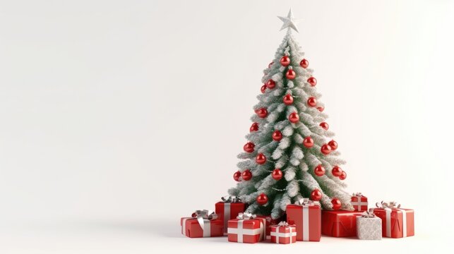 Christmas Tree with Red decorations and Gifts. Holiday concept on White background with copy-space. Generative AI.