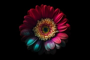 Flower with multi-colored centers on black background. Generative AI