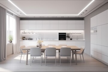 Naklejka na ściany i meble kitchen dining home interior house design table chair modern nobody furniture. Generative AI.