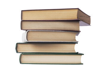 Pile of books. Tail edges of the book. Isolated on a white background.