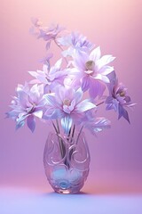 Purple glass vase with blooming iridescent flowers against pastel background. Generative AI.