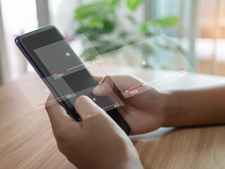 Person watching online movie or TV series on smartphone screen. streaming online, watching video on internet, live concert, show or tutorial. Concept of live digital stream.