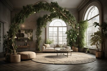 Fototapeta na wymiar Contemporary living area with botanical arch and trendy furnishings. Generative AI