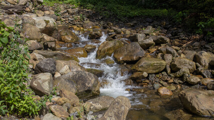 Naklejka na ściany i meble A narrow mountain river with rapids