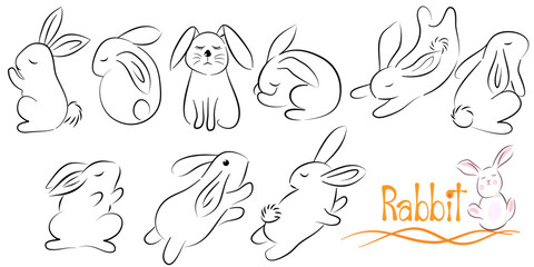 Hand-drawn outline sketch of a cute and friendly rabbit, with simple and minimalist style