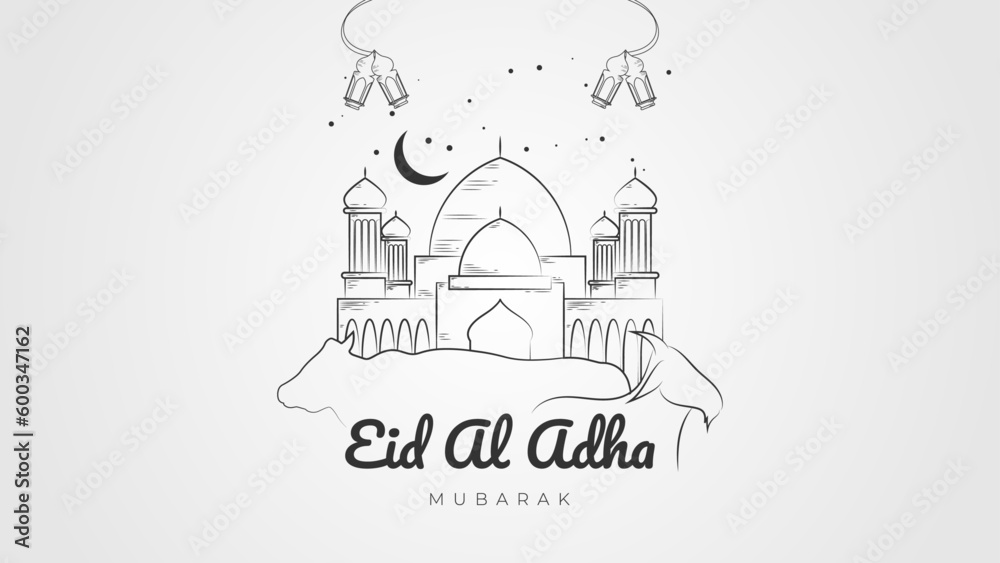 Wall mural doodle style eid al adha greeting with mosque cow and goat