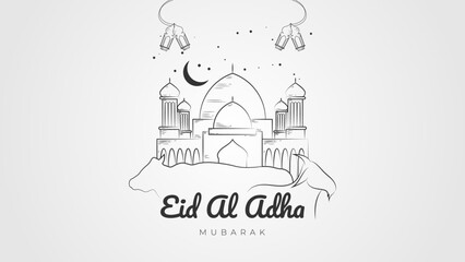 Naklejka premium Doodle style eid al adha greeting with mosque cow and goat