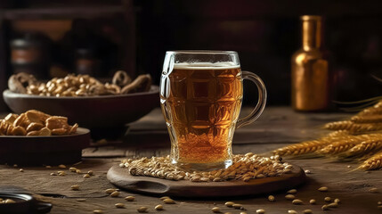 Glass of beer with wheat on wooden background. Ai generated