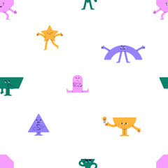 Seamless pattern, cute funny geometry shapes characters. Fun geometric figures, repeating print. Childish endless background for textile, wallpaper. Colored kids flat graphic vector illustration