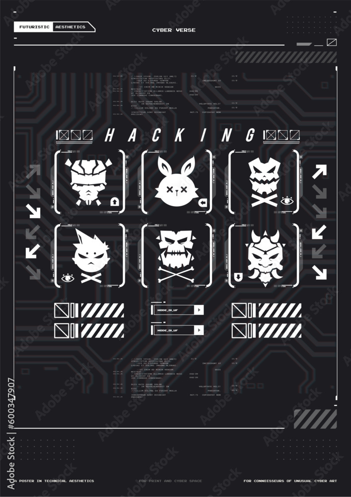 Poster cyber culture, cyberpunk futuristic poster. programming and virtual environments. hacking, modern fl