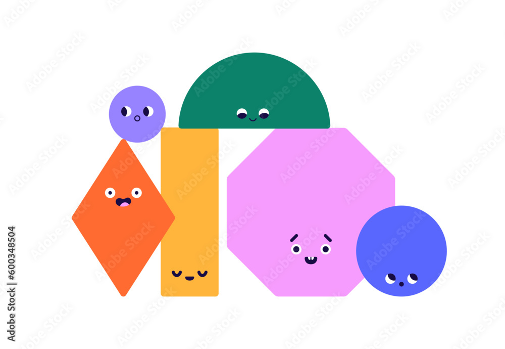 Poster funny geometric shapes composition. cute geometry figures group. different emotions, face expression