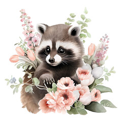 Cute baby raccoon with pink flowers watercolor Illustration isolated on white. Generative AI