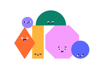 Funny geometric shapes composition. Cute geometry figures group. Different emotions, face expressions. Abstract team, community concept. Flat graphic vector illustration isolated on white background